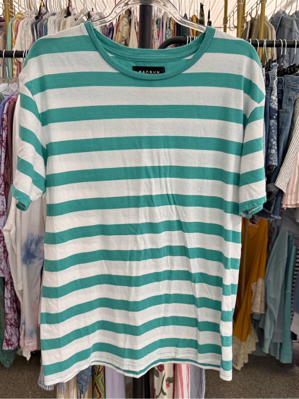 PacSun Teal and White Striped Short Sleeve Crew Tee